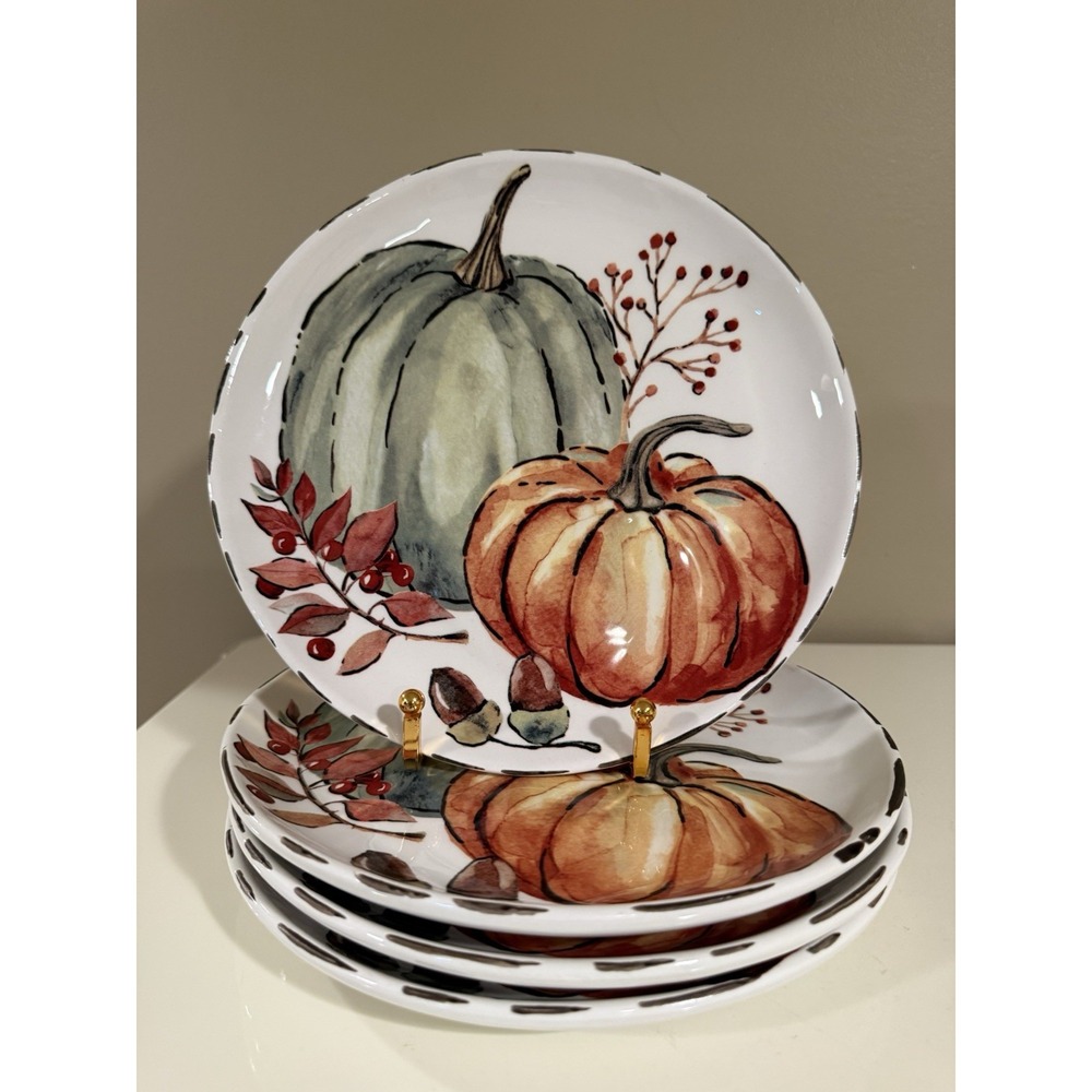 4 Potter's Studio Fall Pumpkins Salad Plates 8.5" Thanksgiving Set 4